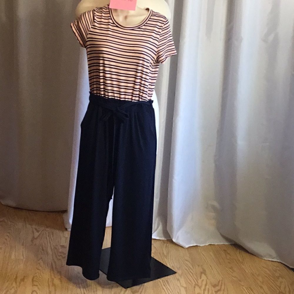 Jumpsuit in pink, white, blue stripe with blue pants, belted elastic waist in LG